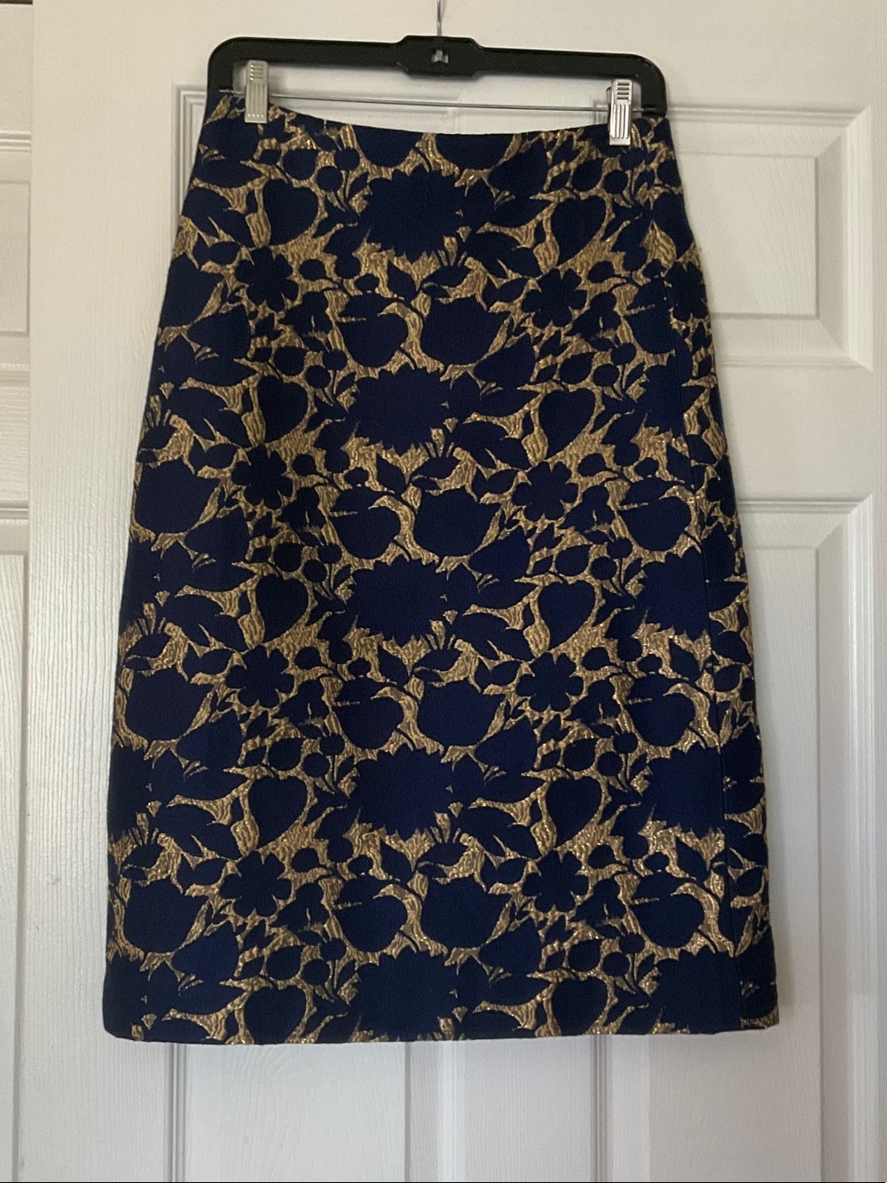 J. Crew Navy and Gold Floral Jacquard Pencil Skirt